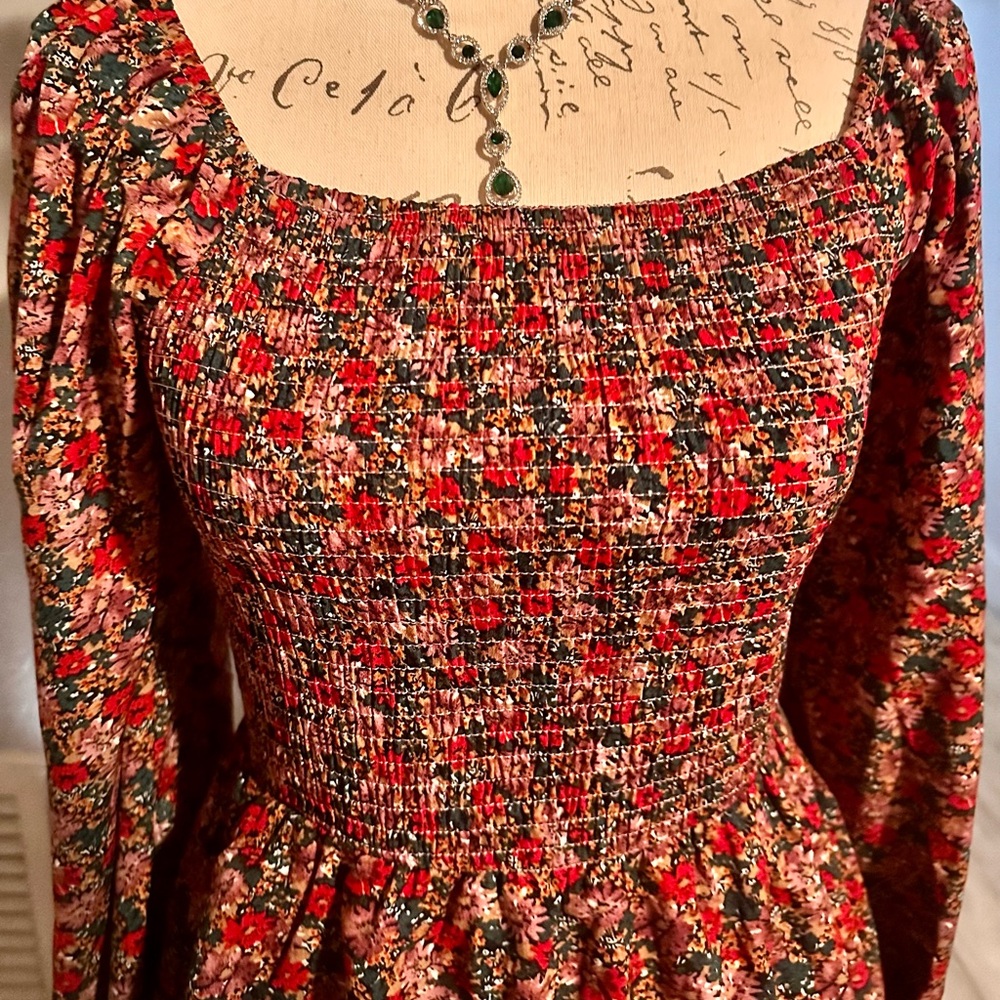 NWT square neck floral fall printed dress cinched top puff sleeve tier skirt S
